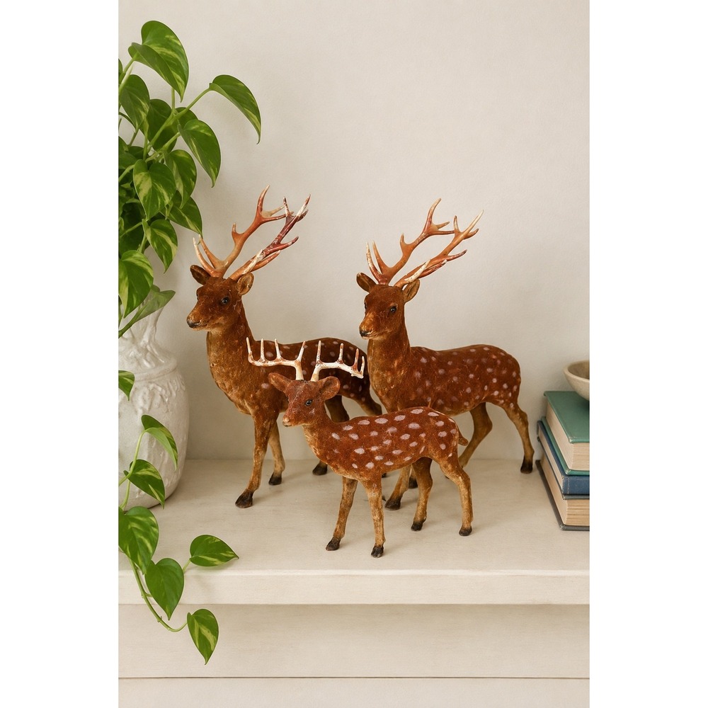 Vintage Flocked Deer Set of 3 Brown Christmas Bucks Woodland Holiday Decor Cabin